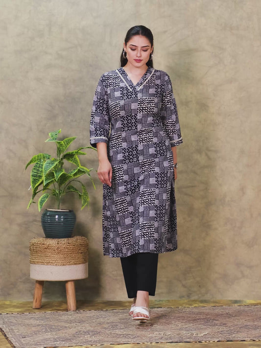Soft Cotton Patchwork Angrakha Black Kurta