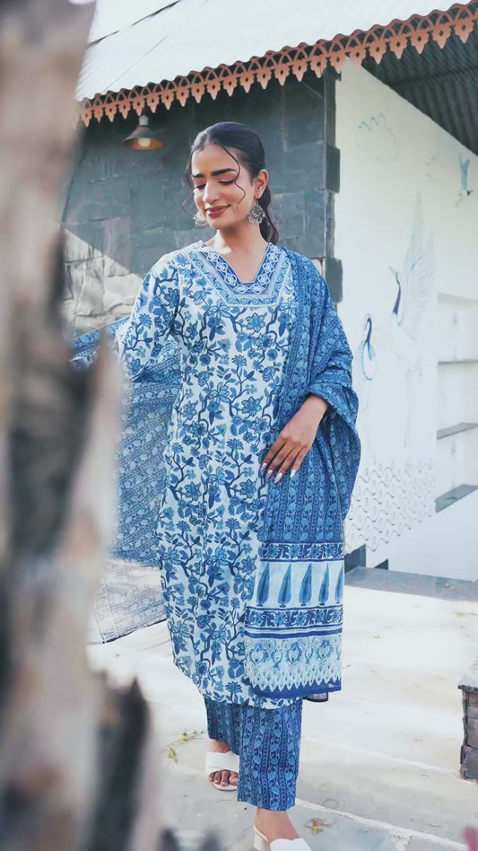 Embroidered Soft cotton Floral Straight Blue Kurta