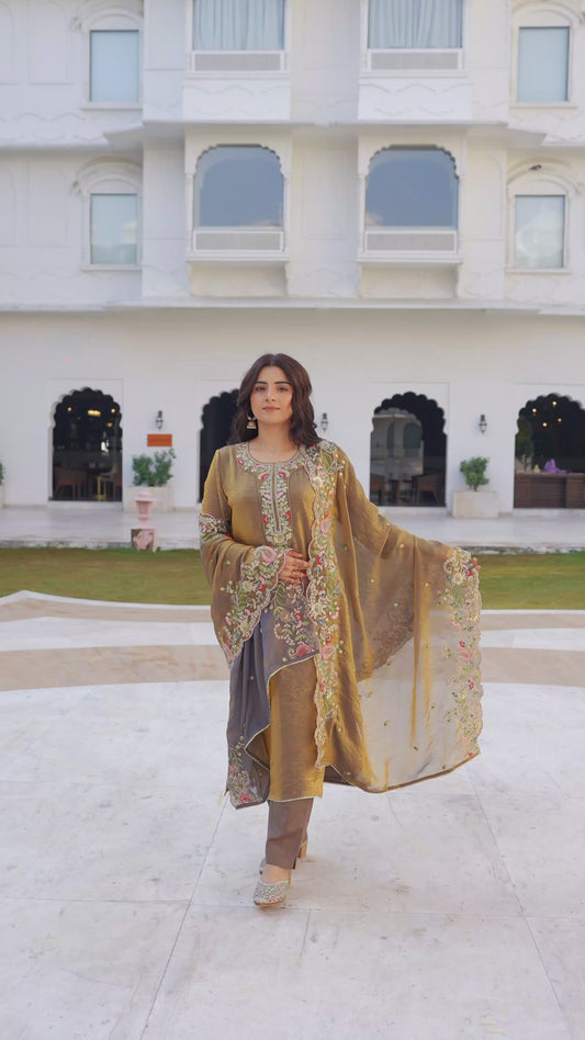 Embroidered Organza Solid Gold Straight Kurta