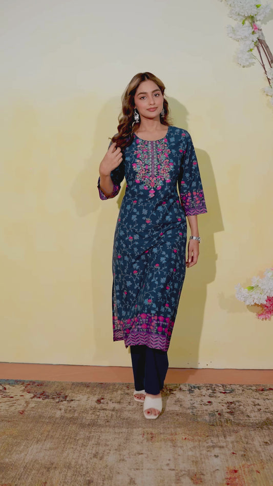 Embroidered Soft Cotton Floral Straight Indigo blue Kurta