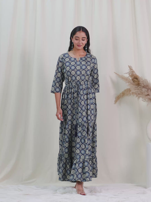 Soft Cotton Geometric Anarkali Blue Dress