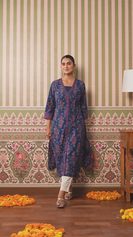 Soft Cotton Floral A-line Indigo Blue Kurta