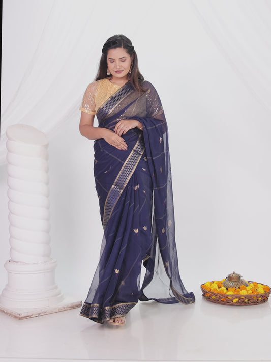 Chiffon Gold foil Navy Blue Saree