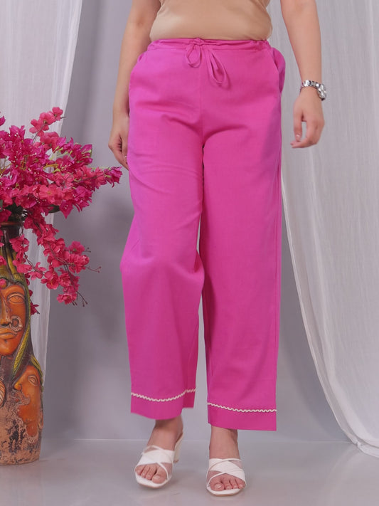Linen Cotton Solid Pink Straight Straight Trousers