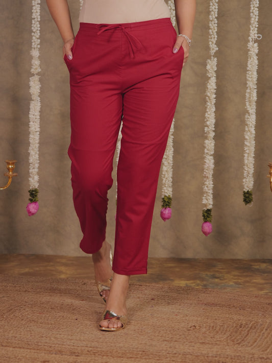 Soft Cotton Solid Maroon Tapered Trousers