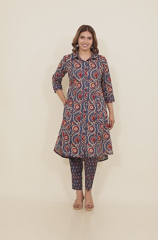 Soft Cotton Block Print High Low Indigo Kurta