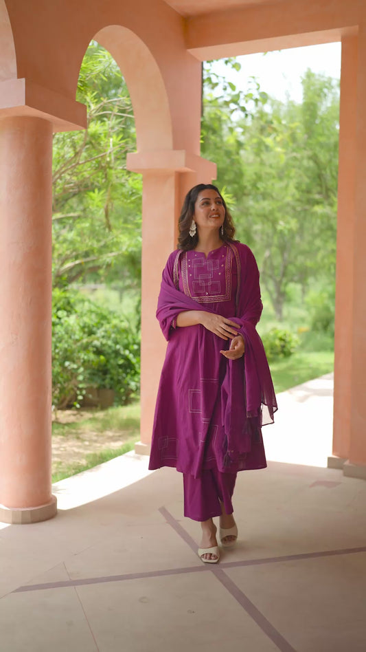 Embroidered Soft Cotton Solid Panelled Purple Kurta