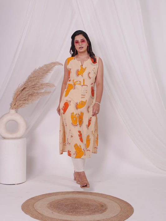 Linen Cotton Abstract Beige Kurta