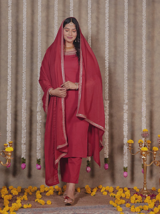 Linen Cotton Solid Straight Maroon Kurta