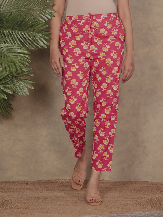 Soft Cotton Floral Pink Tapered Trousers