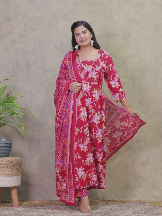 Embroidered Soft Cotton Floral Anarkali Red Kurta