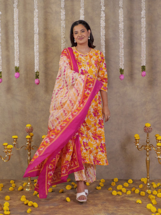 Soft Cotton Foliage Straight Cream Kurta