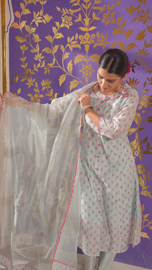 Organza Floral A-line Blue Kurta