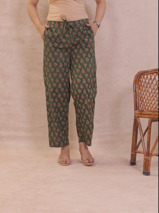 Soft Cotton Floral Green Straight Trousers