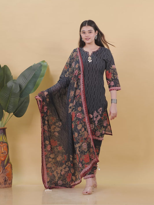 Embroidered Soft Cotton Placement Print Straight Black Kurta