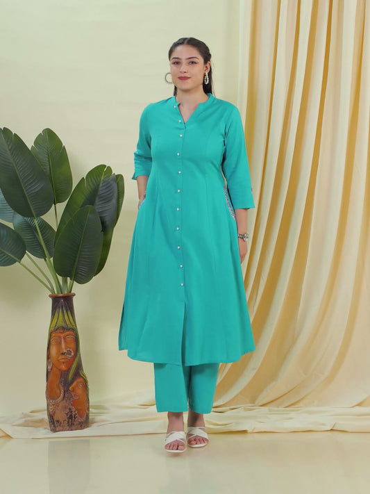 Embroidered Linen Cotton Solid Flared Green Kurta