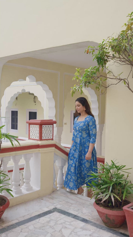 Soft Cotton Bandhani Anarkali Blue Dress