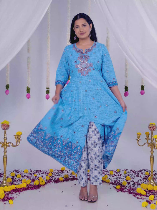 Embroidered Soft Cotton Geometric Anarkali Blue Kurta