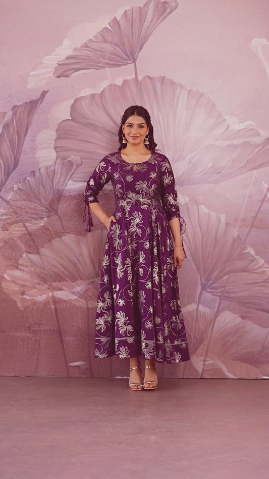 Chanderi Gold foil Anarkali Purple Dress (With Belt)