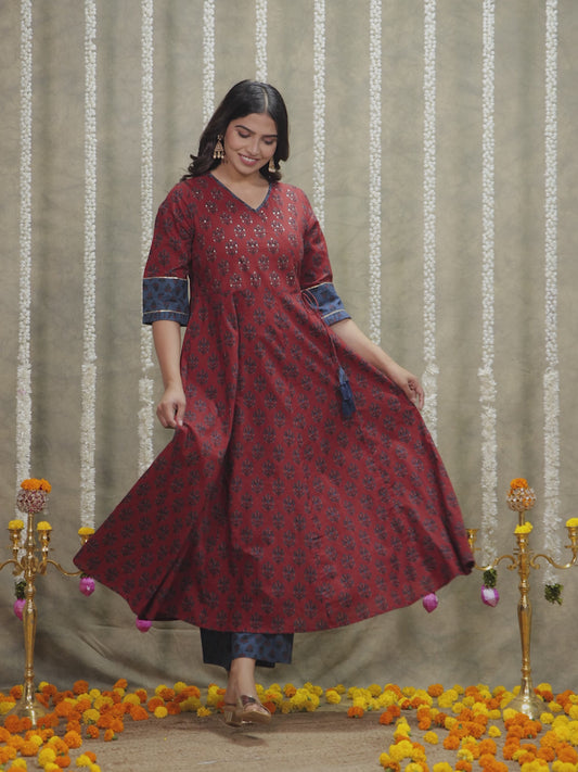 Embroidered Soft Cotton Block Red Kurta