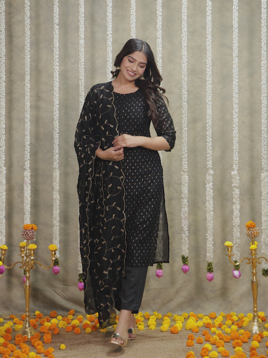 Chanderi Solid Straight Black Kurta