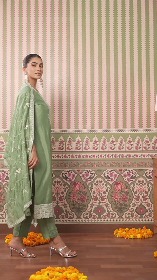 Embroidered Blended Silk Solid Mint Green Straight Kurta