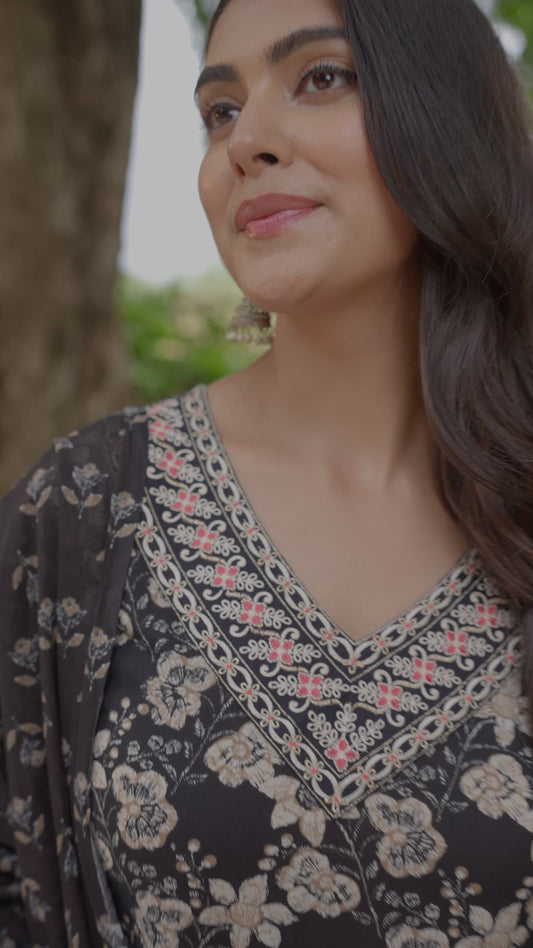Embroidered Soft Cotton Floral Anarkali Black Kurta
