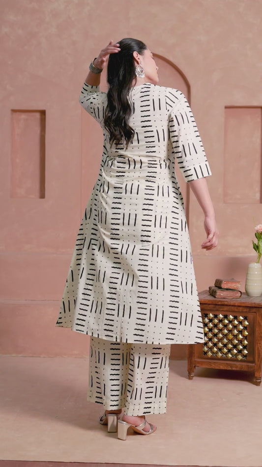 Soft Cotton Geometric Straight Off White Kurta