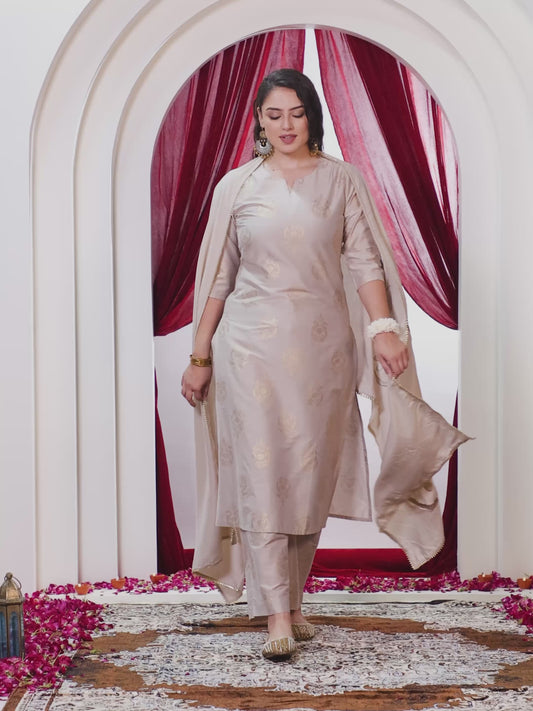 Chanderi Gold foil Straight Beige Kurta