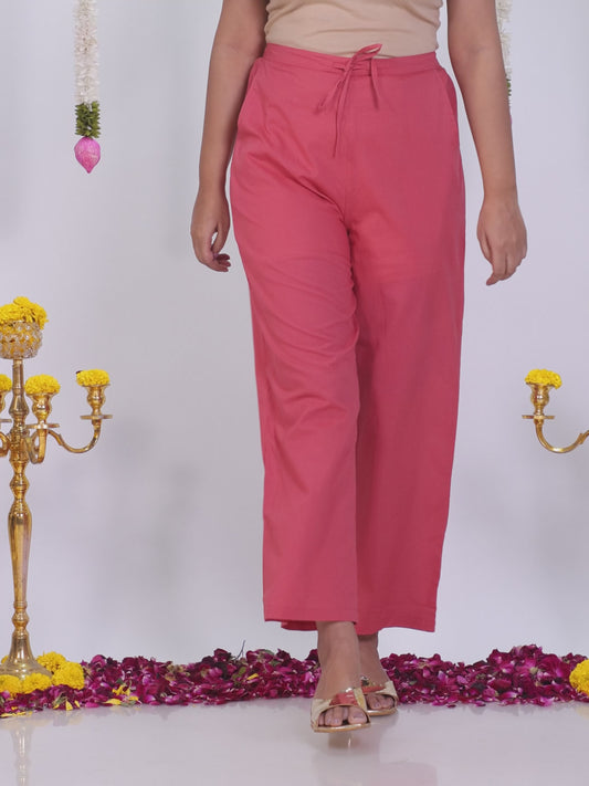 Soft Cotton Solid Coral Tapered Trousers