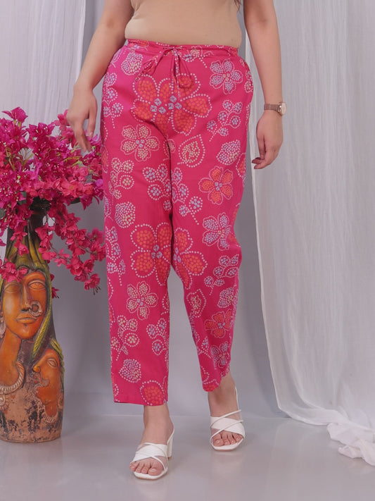 Soft Cotton Floral Pink Tapered Trousers