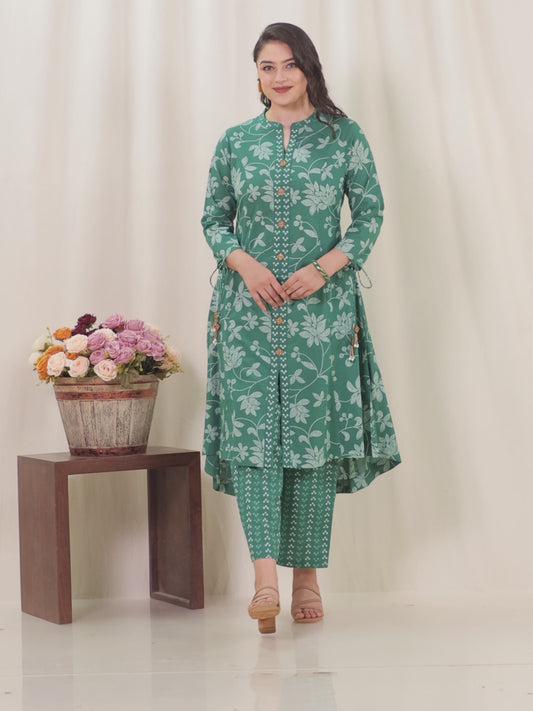 Soft Cotton Floral High Low Green Kurta