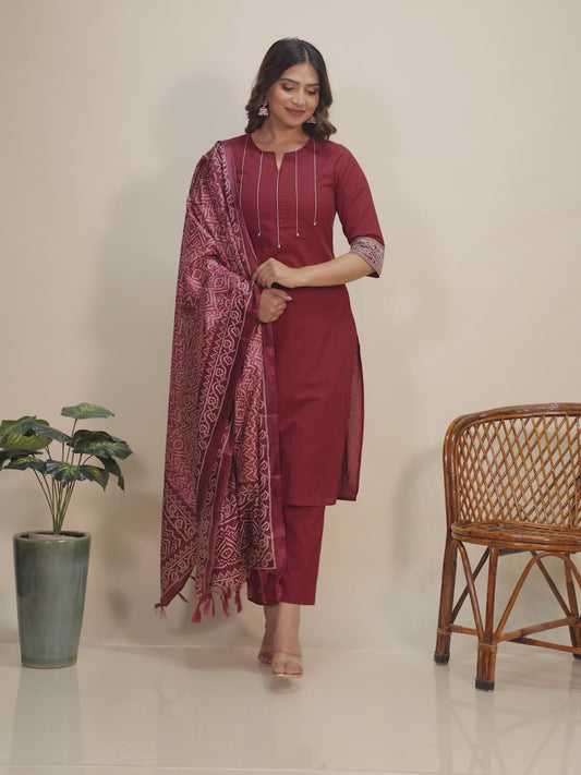 Embroidered Soft Cotton Solid Straight Maroon Kurta