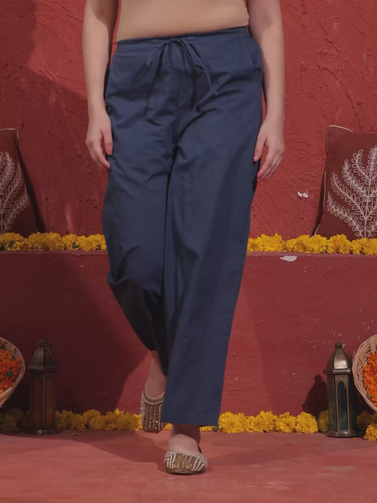 Soft Cotton Solid Blue Straight Trousers
