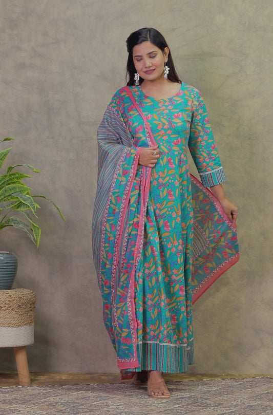Soft Cotton Floral Anarkali Green Kurta