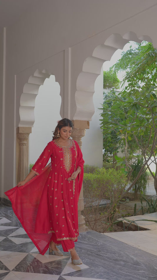 Embroidered Poly Silk Solid Red Kurta