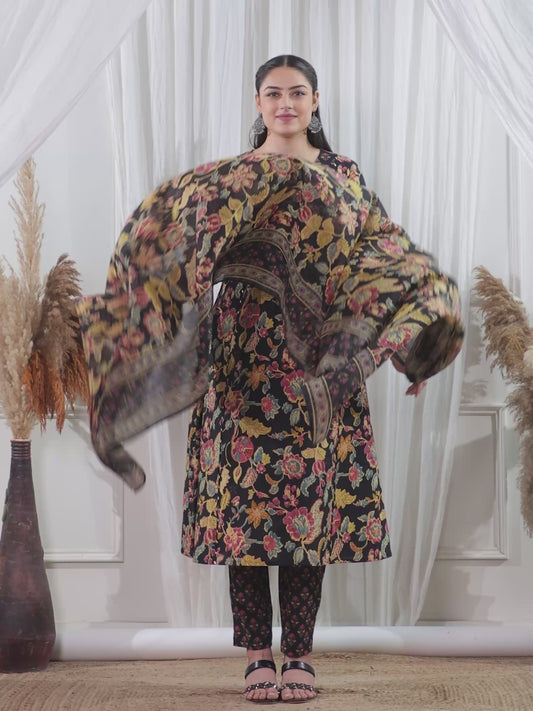 Soft Cotton Floral Flared Black Kurta