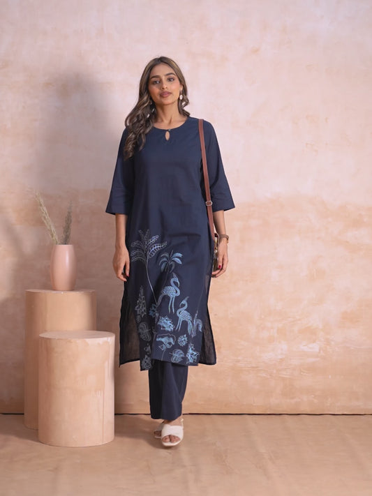 Embroidered Soft Cotton Solid Straight Blue Kurta