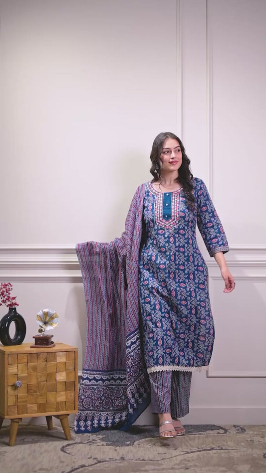 Embroidered Soft cotton Floral Straight Blue Kurta