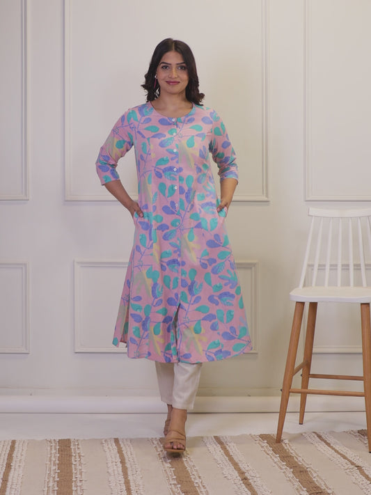 Linen Cotton Floral A-line Baby Pink Kurta