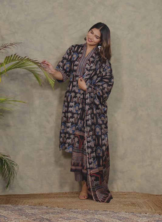 Soft Cotton Abstract A-line Black Kurta
