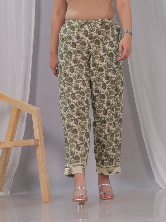 Embroidered Soft Cotton Floral Cream Tapered Trousers