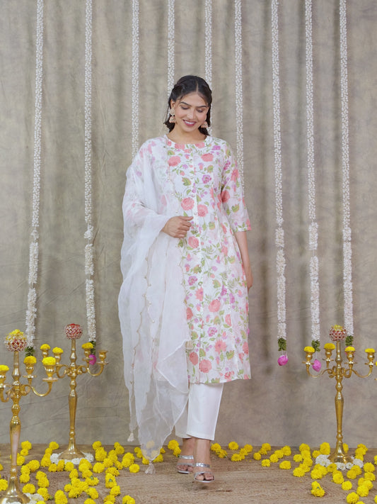 Chanderi Floral A-line Multicolor Kurta