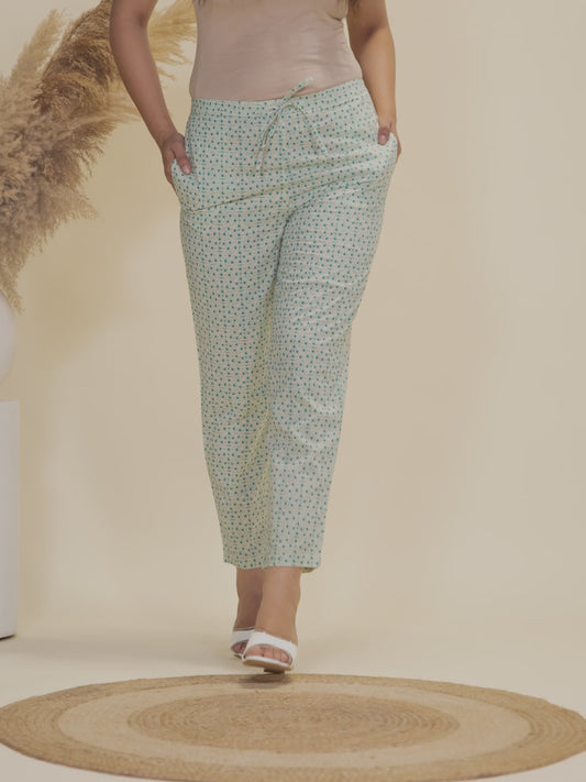 Soft Cotton Geometric Green Tapered Trousers