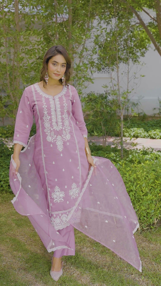Embroidered Chanderi Solid Straight Lavender Kurta