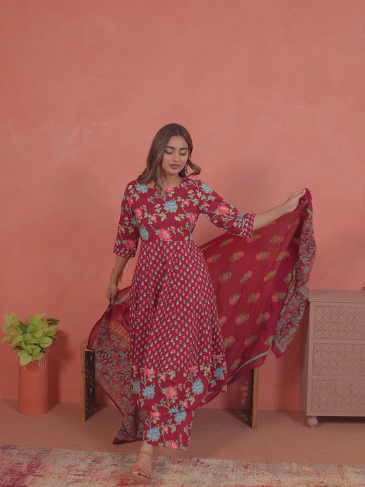 Soft Cotton Floral Anarkali Maroon Kurta