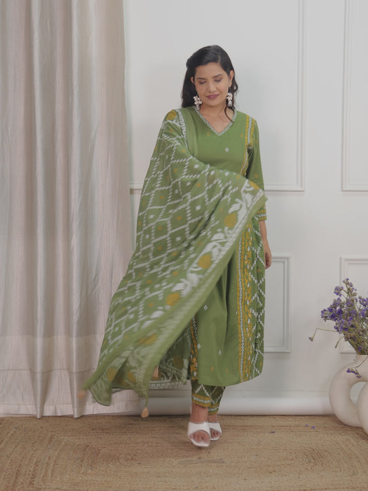Soft Cotton Geometric Flared Green Kurta