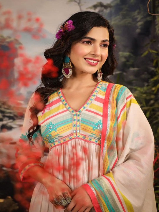 AARAAS Floral Printed Thread Work Anarkali Pure Cotton Kurta With Trousers And Dupatta