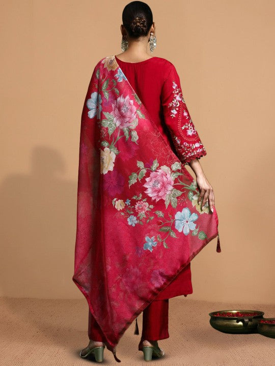 House of Pataudi Embroidered 100% Cotton Straight Kurta & Trousers With Dupatta