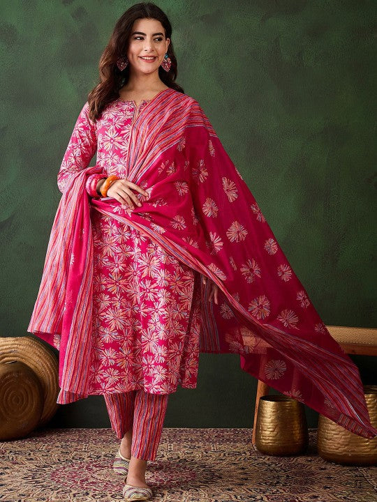 Floral Printed Sequinned Straight Kurta & Trouser With Dupatta